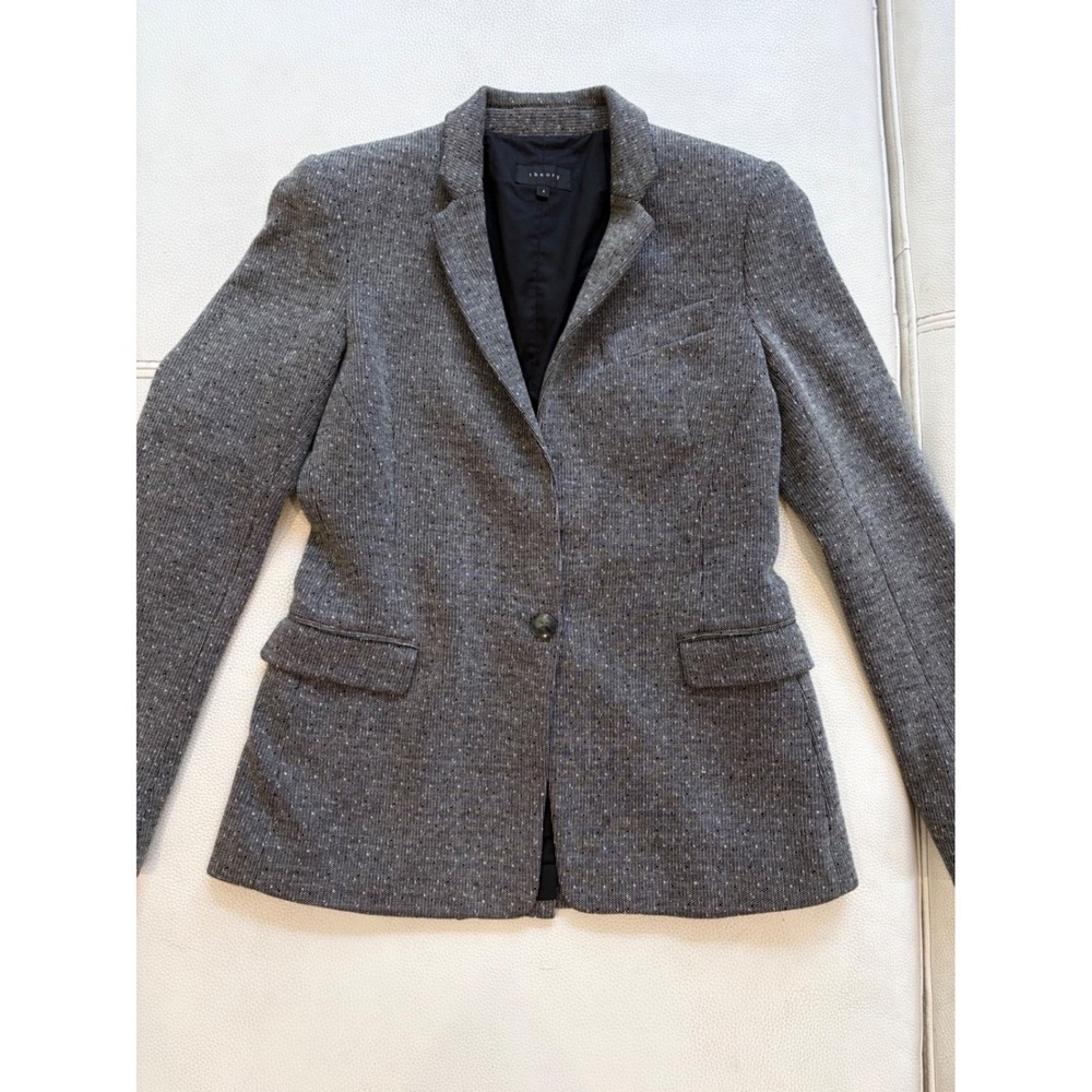 Theory Gray Tweed Wool Blend Single Button Blazer Jacket Womens Sz 4 Made in USA
